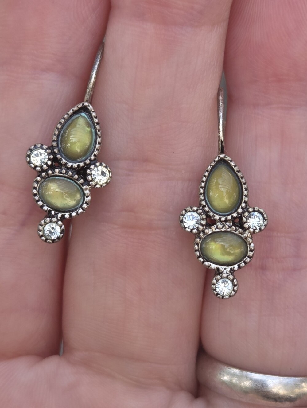 Vintage Olive Green Cabochon Rhinestone Silver Tone Leverback Earrings